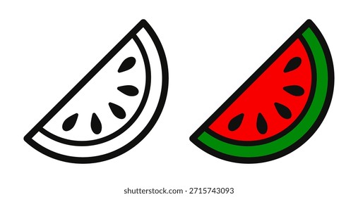 Icono de rebanada de sandía. Símbolo de fruta de melón de agua en estilo de contorno. Ilustración vectorial de sandía madura y jugosa. Pictograma de fruta de sandía fresca aislado.