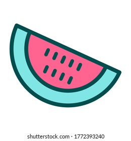 Watermelon slice Isolated on white background. Flat icon of fresh fruit. Colorful bright summer food. Sweet treat image. Red pink semicircular melon with seeds. Vector minimalistic stock illustration