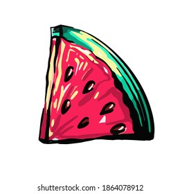 .Watermelon slice isolated on a white background. Hand-drawn vector illustration. Design for printing, packaging, advertising