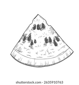 Watermelon slice isolated on white background. Hand-drawn ink illustration in retro engraving style. Detailed vector drawing.