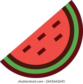 A watermelon slice is isolated on a white background in a simple vector style. The image is a flat design and minimalist. The watermelon is red and green.