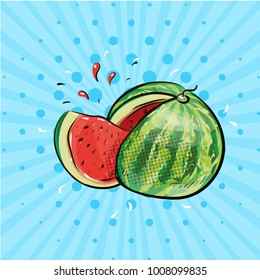 Watermelon with slice and juice pop art comic poster illustration