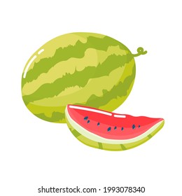 Watermelon and a slice of juicy watermelon isolated on a white background. Vector flat illustration.