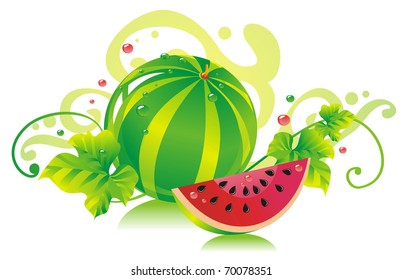 Watermelon with a water-melon slice and leaves