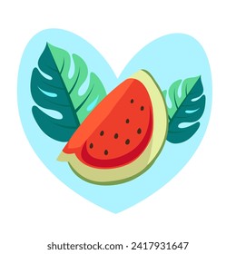 Pieza de sandía y hojas en forma de corazón. Ilustración vectorial plana.