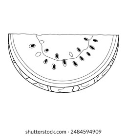 Watermelon slice line art. Ripe cut watermelon. Hand drawn Trendy doodle style coloring page isolated cut fruit organic natural dessert, healthy sweet juicy Sliced summer fruit. Vector illustration