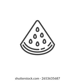Ícone de linha de fatia de melancia com sementes. Ícone de vetor de contorno suculento. Símbolo de fruta e logotipo de verão. Este ícone de comida combina com temas tropicais e refrescantes.