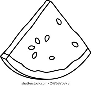 Watermelon slice, linear drawing. Icon. Linear icon of a piece of watermelon with seeds. Sketch for coloring. Fresh fruit illustrations for summer banners