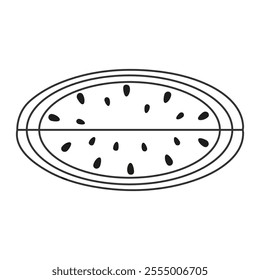 Watermelon slice in linear style. 
Top view. Outline quarter of watermelon with seeds