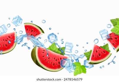 Watermelon slice with liquid water splash. Ice cubes and red flying watermelon. Refreshing summer drink 3d realistic vector. Cold beverage droplets.