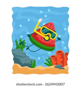 Watermelon slice mascot character dives into the ocean illustration