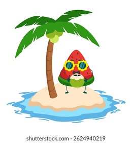 watermelon slice mascot character drinking coconut on the beach illustration