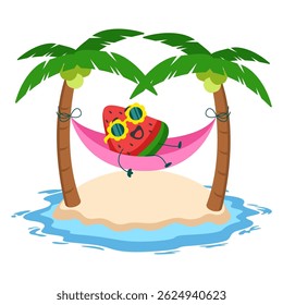 watermelon slice mascot character relax on hammock on the beach illustration