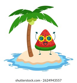 Watermelon slice mascot character summer dancing in the beach illustration