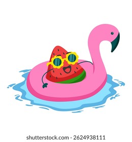 watermelon slice mascot character using flamingo swimming float illustration
