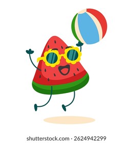 Watermelon slice mascot character wear glasses playing beach ball illustration