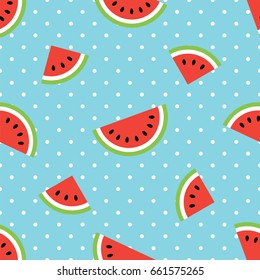 Watermelon Slice on Blue Background with Dots Vector Seamless Pattern