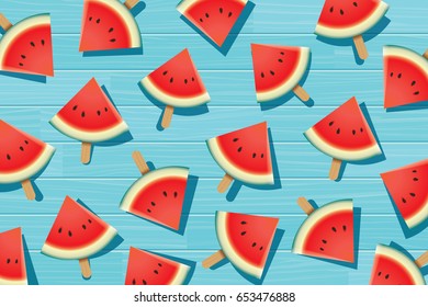 Watermelon slice on blue wooden. Summer time background banner.