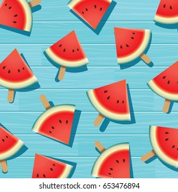 Watermelon slice on blue wooden. Summer time background banner.