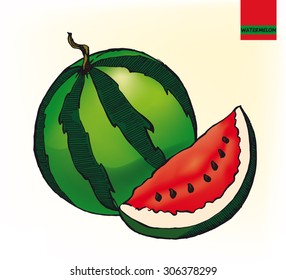 Watermelon and slice of watermelon on a neutral background