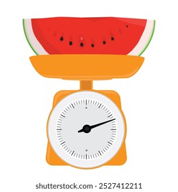 Watermelon slice on scale isolated on white background. Weight loss or healthy lifestyle concept. Vector illustration