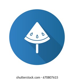 Watermelon slice on stick. Flat design long shadow glyph icon. Vector silhouette illustration