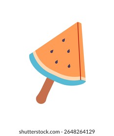 Watermelon slice on wooden stick. Piece of fresh fruit. Summer dessert, sweet food, tasty snack with juice. Icon of juicy ice cream, popsicle. Flat isolated vector illustration on white background