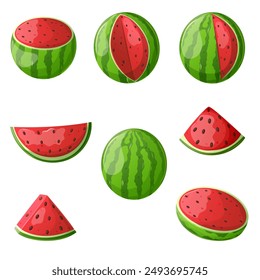 Watermelon slice, part and whole set.  National watermelon day postcard, flyer, print design elements.