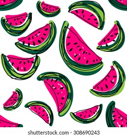 Watermelon slice pattern. Hand drawn cartoon water melon. Watermelon seamless background.