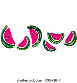 Watermelon slice pattern. Hand drawn cartoon water melon. Watermelon background.