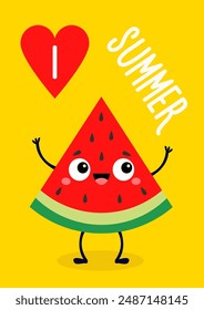 Watermelon slice piece. Cute cartoon kawaii funny baby character. Smiling face, big eyes. Hands, legs. Healthy food. I love summer greeting card. Childish style. Flat design. Yellow background. Vector