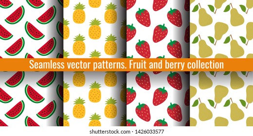 Watermelon slice, pineapple, strawberry and pear. Fruit seamless pattern set. Food print for clothes or linens.  Fashion design. Beauty vector sketch background collection