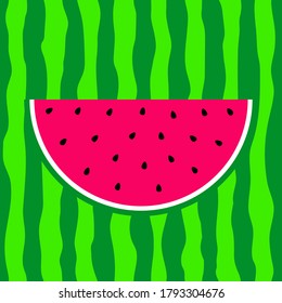 Watermelon slice. Pink pulp, black seeds and green rind. Vector illustration.