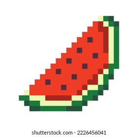 Watermelon slice, pixel art of organic and natural berry with seeds. Tasty and sweet meal, eco ingredient for healthy lifestyle. Pixelated isolated icon, 8 bit game design, Vector in flat style