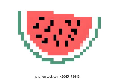 Watermelon slice in pixel art style showcasing vibrant red flesh and black seeds, ideal for summer themes and digital designs