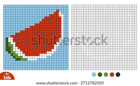 Watermelon slice pixel color by number page for kids. Educational activity for preschool and kindergarten children to learn numbers and colors. Simple square grid design with summer fruit