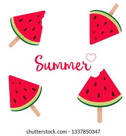 Watermelon Slice Popsicle with a bite.Summer inscription on the background of watermelon. Vector illustration