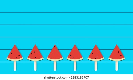 Pollos de corte de sandía sobre el vector de ilustración de fondo de madera azul.