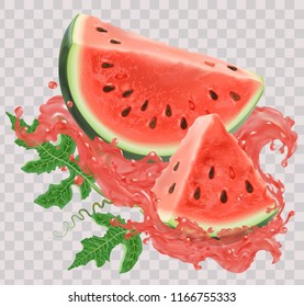 Watermelon slice, round, juice. Fresh fruit. 3d realism, vector object. Isolated, on white background. Delicious dessert. Healthy food, veggie.