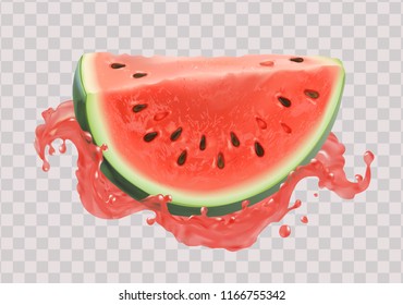 Watermelon slice, round, juice. Fresh fruit. 3d realism, vector object. Isolated, on white background. Delicious dessert. Healthy food, veggie.