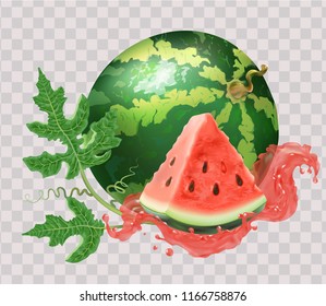 Watermelon slice, round, juice. Fresh fruit. 3d realism, vector object. Isolated, on white background. Delicious dessert. Healthy food, veggie.