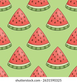 Watermelon slice, seamless doodle pattern, summer design with green background