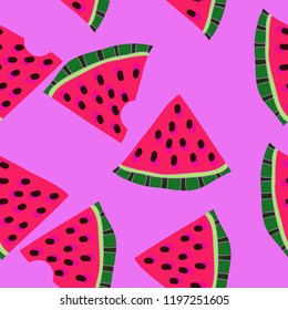 Watermelon  slice seamless  motif,  seeds. Hand drawn.