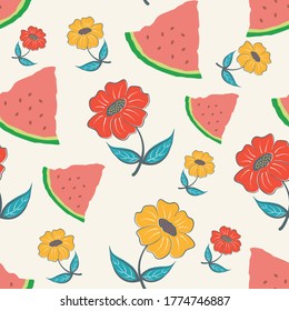 Watermelon slice seamless pattern with colorful flowers on light background for wallpaper, packaging and textile. Summer fruits endless fabric flat vector.