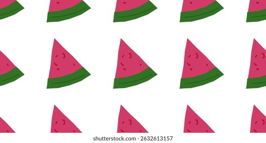 Watermelon Slice Seamless Pattern Design featuring flat cartoon-style pink and green watermelon wedges repeated on a clean white background.