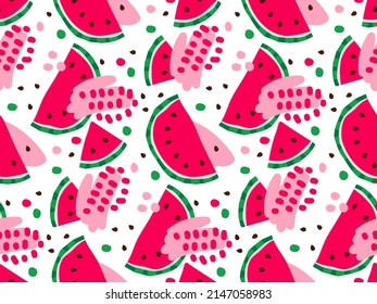 Watermelon slice seamless pattern. Hand drawn watermelon. Hot season tropical background Organic food vector illustration. Repeated background for wallpaper, wrapping, packing, textile.