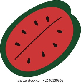 A watermelon slice with seeds in a bold, flat style. The fruit's cross-section is depicted with a thick outline and simple shapes. Cartoon vector illustration.