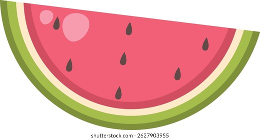 A watermelon slice with seeds in a clean, geometric style. The fruit segment is depicted with a smooth, minimalistic approach. Cartoon vector illustration.