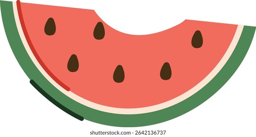 A watermelon slice with seeds in a flat cartoon style. The fruit piece is depicted with a green rind and red flesh. Cartoon vector illustration.