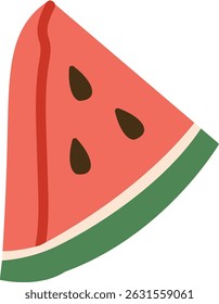A watermelon slice with seeds in a flat style. The fruit piece is depicted with a simple and bold outline. Cartoon vector illustration.